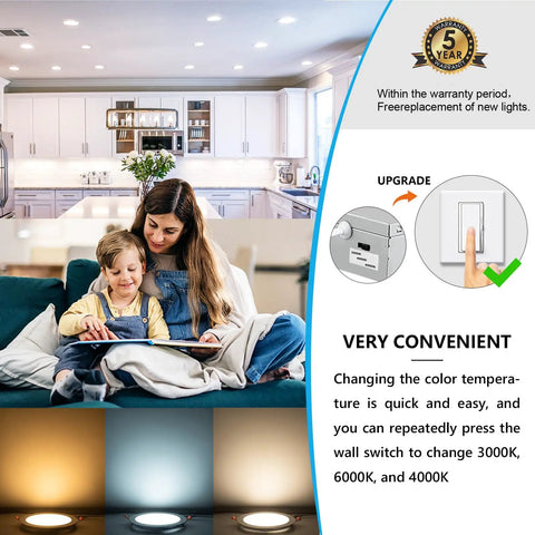 8 Inch LED Recessed Light With Junction Box 6 Pack Switchable Color Temperature Warm To Cool Aluminum Construction UL Listed Durable Easy Install Recessed Lighting Kit For Ceilings