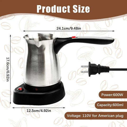 Stainless Steel 600ml 110V Turkish Coffee Pot Go-To All-In-One Kettle with foldable anti-scald handle and smooth pot surface