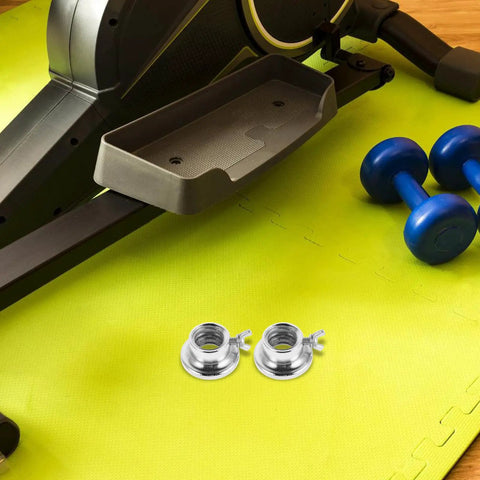 Two Pack Dumbbell Lock Clamps Screw Collars For Weight Lifting, Heavy Duty Steel on exercise mat with blue dumbbells
