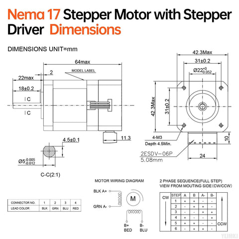 High Torque Nema 17 Stepper Motor With Integrated Driver dimensions and wiring diagram for installation and setup reference