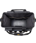 Top view of Heavy Duty Pro Grade Tech Tool Bag With Molded Base And Multi-Compartment 17 Inch Carrier Black Blue open interior