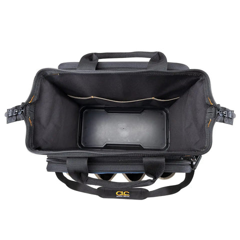 Top view of Heavy Duty Pro Grade Tech Tool Bag With Molded Base And Multi-Compartment 17 Inch Carrier Black Blue open interior