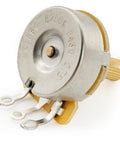 Close-up of 450G Brass Short Split Shaft Potentiometer for electric guitars, showing B250K marking and brass shaft.