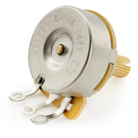 Close-up of 450G Brass Short Split Shaft Potentiometer for electric guitars, showing B250K marking and brass shaft.