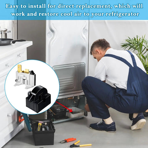 Technician installing QP2-4.7 PTC Starter Relay 1 Pin Refrigerator Start Relay With 6750C-0005P Overload Protector for LG Refrigerator