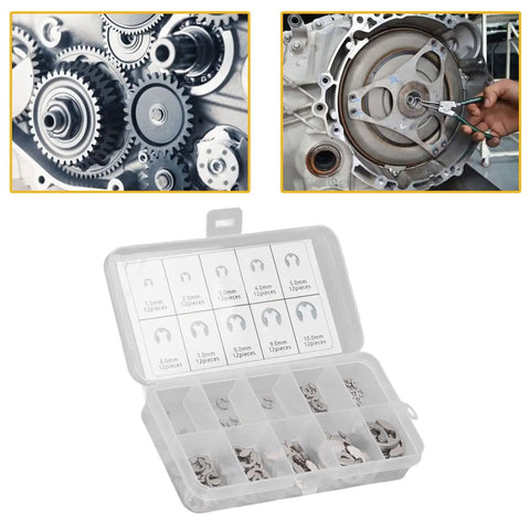 120 Piece E Clip Circlip Retaining Ring Set In 304 Stainless Steel for shafts bearings gears pulleys with storage box