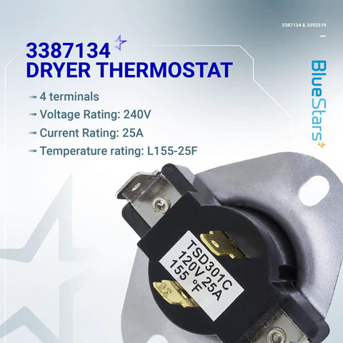 3387134 dryer thermostat with 4 terminals for Whirlpool and Kenmore, replaces PS11741405 with lifetime protection and easy installation