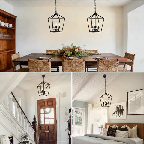 Dope Industrial Black Lantern Chandelier With Farmhouse Metal Cage, 4 Light Rustic Hanging Ceiling Fixture in dining and living room