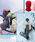 Three Hole Full Face Ski Mask Balaclava For Winter Sports, Soft Knit Polyester Face Cover shown with outdoor activities.