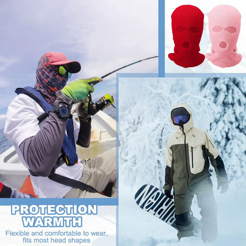 Three Hole Full Face Ski Mask Balaclava For Winter Sports, Soft Knit Polyester Face Cover shown with outdoor activities.