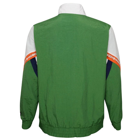 Back view of Men's Full Zip Crinkle Nylon Wind Jacket With Cotton Lining Nobodys Juniper Collaboration Medium. Elastic cuffs visible.