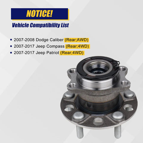 Rear Wheel Bearing And Hub Assembly 512333 For Jeep Compass Patriot 2007-2017 And Dodge Caliber 2007-2008 with compatibility list
