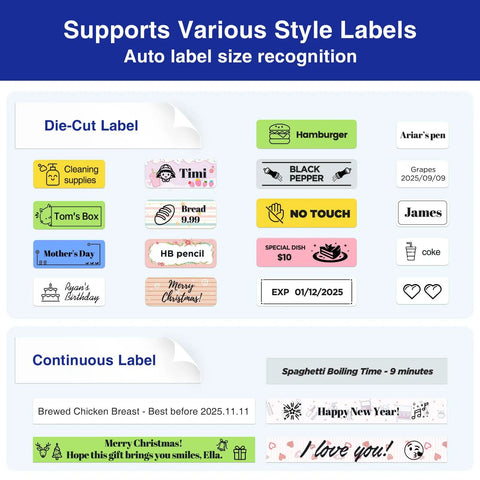 Sweet Setup Wireless Label Maker With Fast Typing Keyboard And Bluetooth Paired Smart App For Dang Easy Pantry Sorting And Crisp Desk Organization Comes Loaded With Four Reliable Tape Rolls showcasing various die-cut and continuous labels.