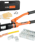 Beefy 12 Ton Hydraulic Crimping Tool For 6 AWG To 40 AWG Cables With 8 Die Sets Heavy Duty Battery Cable Lug Crimper Ergonomic Grip For Precise Hex Die Crimping On Electrical Terminals, shown with case and dies