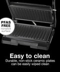 Proctor Silex Panini Press Sandwich Maker With Nonstick Plates For Grilling Burgers Chicken And Veggies Easy Clean Electric Indoor Grill Machine showing easy-to-clean non-stick ceramic plates.