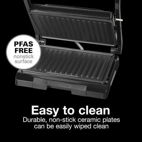 Proctor Silex Panini Press Sandwich Maker With Nonstick Plates For Grilling Burgers Chicken And Veggies Easy Clean Electric Indoor Grill Machine showing easy-to-clean non-stick ceramic plates.