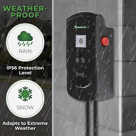 Hassle Free Level Two EV Charger 80Amp 18.5 Ft Cord Plug And Play Home Charging Station 22Kw shown with weatherproof features and IP56 rating.