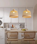 Rattan Pendant Light Hand Woven Basket Shade Ceiling Lamp for Kitchen Island Boho Farmhouse Style Natural Bamboo Hanging Chandelier