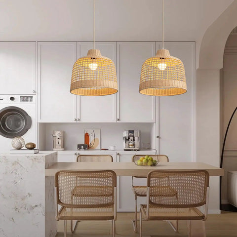 Rattan Pendant Light Hand Woven Basket Shade Ceiling Lamp for Kitchen Island Boho Farmhouse Style Natural Bamboo Hanging Chandelier