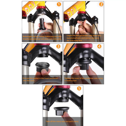 Installation steps of Hidden AirTag Bike Mount For Forks With Anti Theft Protection Waterproof Aluminum Bicycle Holder for MTB suspension forks.