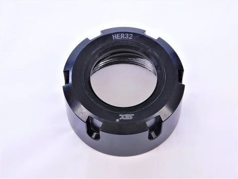 Dead Set Tough ER32 Collet Nut And Locknut Assembly For Heavy Duty Clamping Tool Holders Featuring No Sweat CNC Setup, black metal.