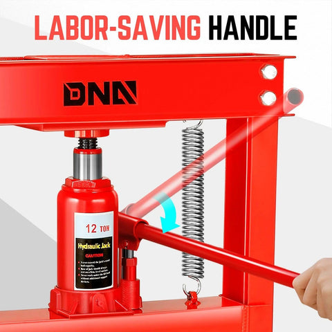 DNA Motoring hydraulic 6-ton shop press, red H-frame with lever