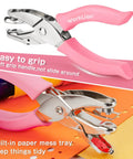 Mini Hole Punch Set 5 In 1 With Heart Star And Circle Punches for paper crafts featuring pink grip and built-in paper mess tray.