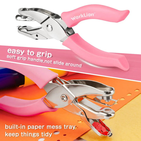 Mini Hole Punch Set 5 In 1 With Heart Star And Circle Punches for paper crafts featuring pink grip and built-in paper mess tray.