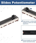 Image of Five Pack Straight Linear Slide Potentiometers, 3 Pin B10K, 45mm body, showing close-up and side view.
