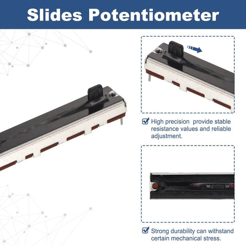 Image of Five Pack Straight Linear Slide Potentiometers, 3 Pin B10K, 45mm body, showing close-up and side view.