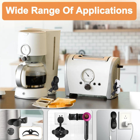 Wide range of applications showing Three Pack Kitchen Appliance Cord Organizer Sticky Cord Winder on coffee maker and toaster.