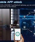 4 In 1 Fingerprint Door Lock With App Control, Password Access, Backup Key, And Keyless Entry shown with smartphone app interface.