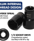Close-up of Six Piece Lug Nut Remover Socket Set, 19mm and 21mm sizes, showing plum internal thread design and reverse spiral