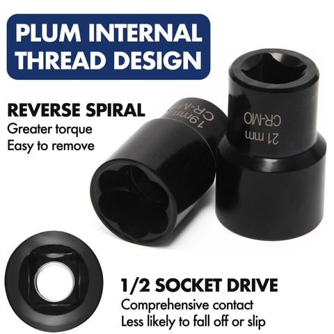 Close-up of Six Piece Lug Nut Remover Socket Set, 19mm and 21mm sizes, showing plum internal thread design and reverse spiral