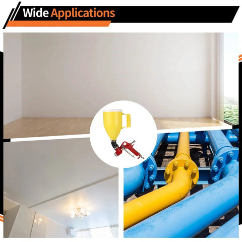 Built Tough Pneumatic Drywall Texture Sprayer Hopper With Bent Tube And No Fuss Top Ups Using 0.8 Gallon Cup And Three Quick Swap Tips For Walls Ceilings Stucco Plaster Waterproof Painting in use on flat wall.
