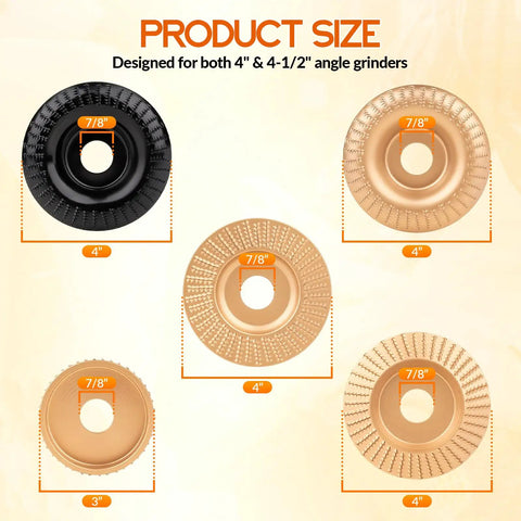 5 Piece Wood Carving Disc Set For Angle Grinder With 4 Inch And 4.5 Inch Attachments, showing product size and disc design