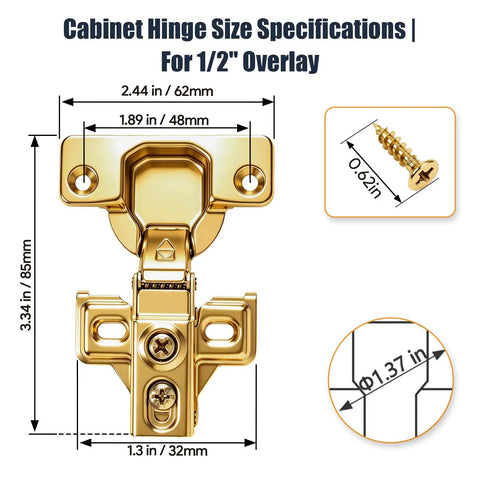 Gold Finish 50 Pack Soft Close Cabinet Hinges For Kitchen Cabinets Half Overlay Stainless Steel Built In Damper 100 Degree