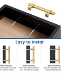 10 Pack 3 Inch Cabinet Pulls In Champagne Gold For Kitchen showing installation on black drawer, easy to install guide with board thickness options.