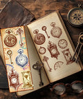 Vintage Clock Clear Stamp Super Crisp Hourglass Design For Scrapbooking And Journal Crafting on a notebook with keys and compass.