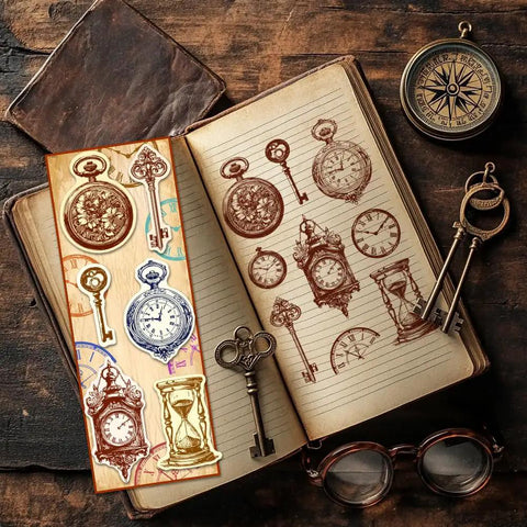 Vintage Clock Clear Stamp Super Crisp Hourglass Design For Scrapbooking And Journal Crafting on a notebook with keys and compass.