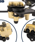 Street Ready Front Disc Brake Master Cylinder Caliper Assembly For 50cc To 125cc Chinese ATV Dirt Bike Pit Bike Front Brake Kit Fits SSR Roketa Lifan Coolster Baja Sunl Apollo Atomik Jetmomo And More shown with hose connections and gold caliper components.