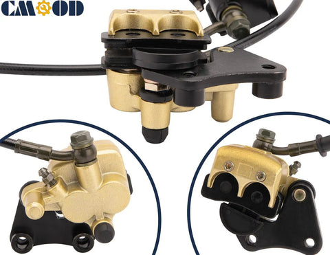 Street Ready Front Disc Brake Master Cylinder Caliper Assembly For 50cc To 125cc Chinese ATV Dirt Bike Pit Bike Front Brake Kit Fits SSR Roketa Lifan Coolster Baja Sunl Apollo Atomik Jetmomo And More shown with hose connections and gold caliper components.