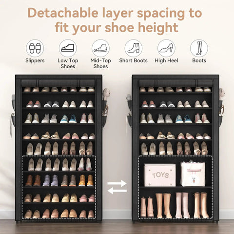 Knock Out Closet Chaos With This 10 Tier Tall Shoe Rack Featuring Dustproof Covers that Stores 40 Pairs Of Sneakers And Boots in a modular design.