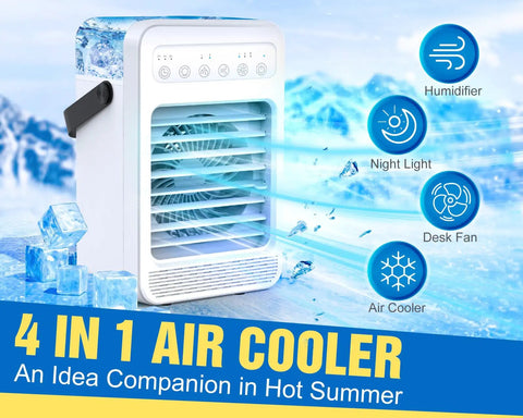 4 In 1 Portable Air Conditioner Fan With Touch Screen Evaporative Cooler, showing ice cubes and cooling features