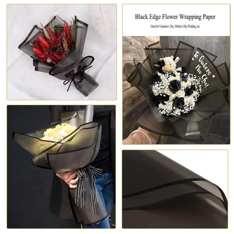 20 Sheets Black Flower Wrapping Paper With Black Border For Bouquets And DIY Craft Floral Gift Wrap 22.8 Inch Square Pack