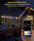 Smart RGB Outdoor String Lights 96ft With Independent Bulb Color Control in a backyard setting, shown with app control.