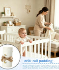 Baby holding crib rail with cotton gauze bed rail teething protector for sides and corners, breathable cover visible