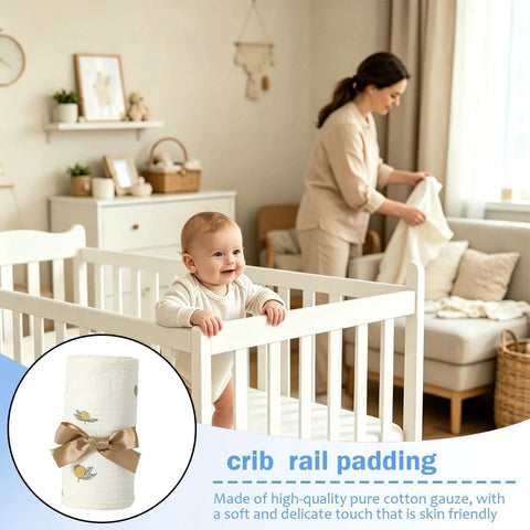 Baby holding crib rail with cotton gauze bed rail teething protector for sides and corners, breathable cover visible