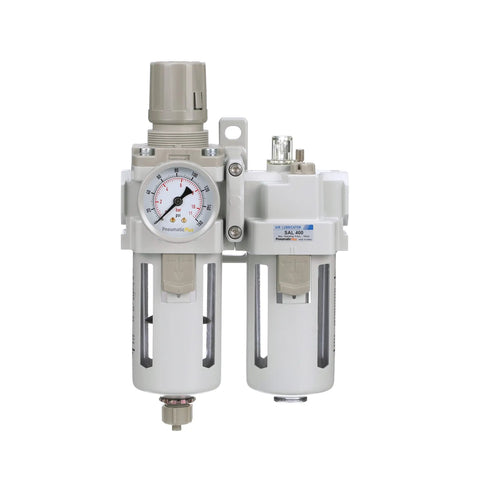 Workhorse Piggyback Half Inch NPT Air Filter Regulator Lubricator Combo With Gauge Manual Drain