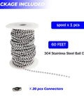 60 Ft Ball Bead Chain Size 10 In 304 Stainless Steel Heavy Duty Bead Chain With 20 Connectors spool for various uses